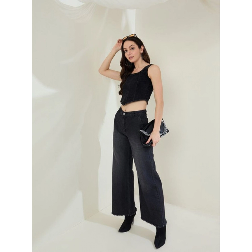 Women's Denim Lycra Solid Sleeveless Top (Black) - Image 3