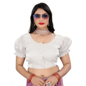 Women's Jimmy Solid Designer Neck Elastic Sleeve Readymade Blouse (White 38 , Alterable up to 42)-PID65836