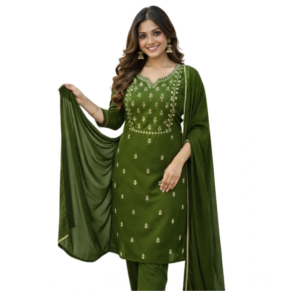 Women's Georgette Ethnic Motif Round 3/4th Sleeve Kurti With Pant Dupatta Set (Mahendi) - Image 2