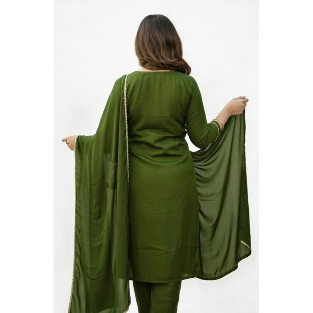 Women's Georgette Ethnic Motif Round 3/4th Sleeve Kurti With Pant Dupatta Set (Mahendi) - Image 4