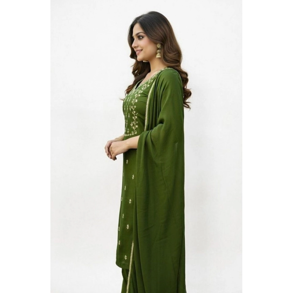Women's Georgette Ethnic Motif Round 3/4th Sleeve Kurti With Pant Dupatta Set (Mahendi) - Image 5