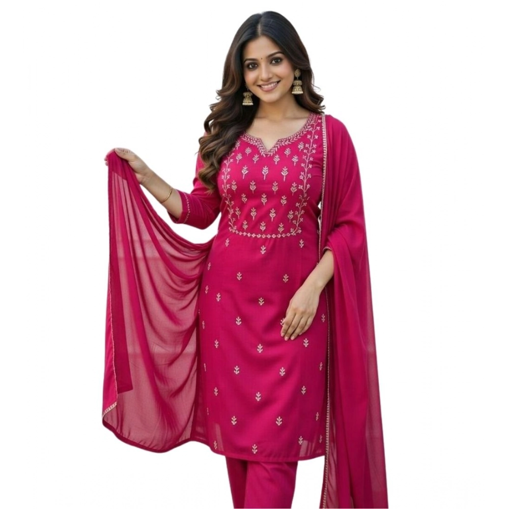 Women's Georgette Ethnic Motif Round 3/4th Sleeve Kurti With Pant Dupatta Set (Pink) - Image 4
