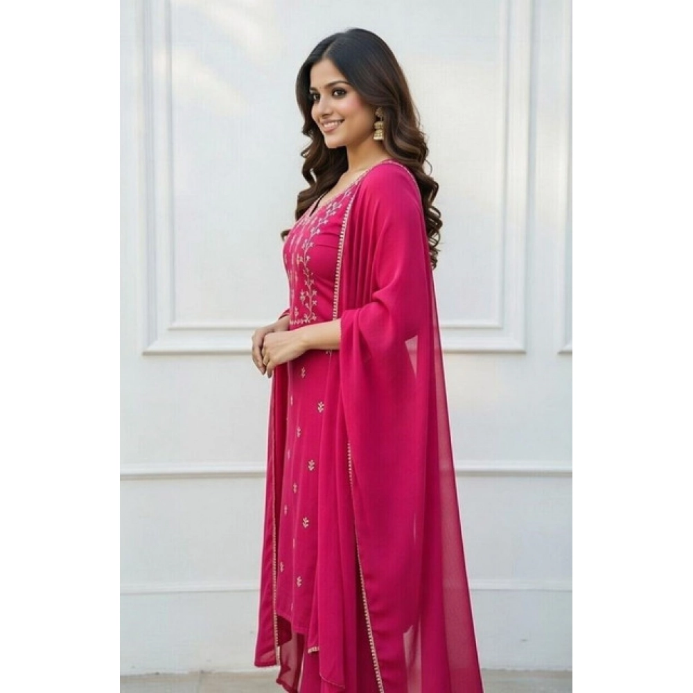 Women's Georgette Ethnic Motif Round 3/4th Sleeve Kurti With Pant Dupatta Set (Pink) - Image 5
