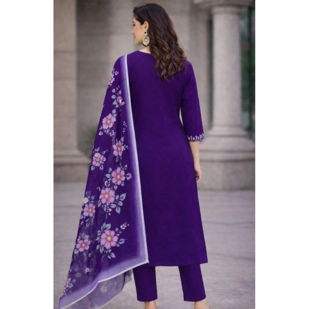 Women's Chanderi Silk Ethnic Motif V-Neck 3/4th Sleeve Kurti With Pant Dupatta Set (Purple) - Image 2