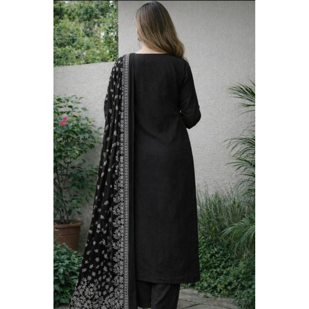 Women's Chanderi Silk Ethnic Motif Round 3/4th Sleeve Kurti With Pant Dupatta Set (Black) - Image 3