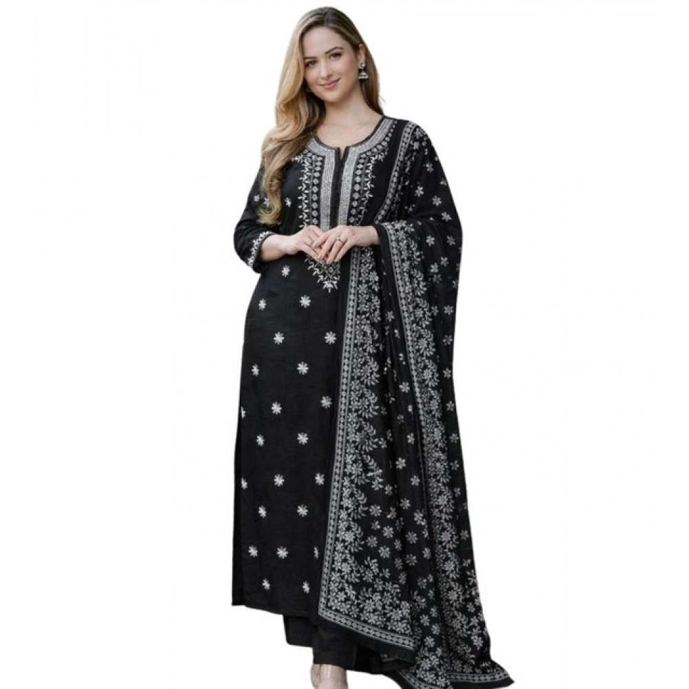 Women's Chanderi Silk Ethnic Motif Round 3/4th Sleeve Kurti With Pant Dupatta Set (Black) - Image 4
