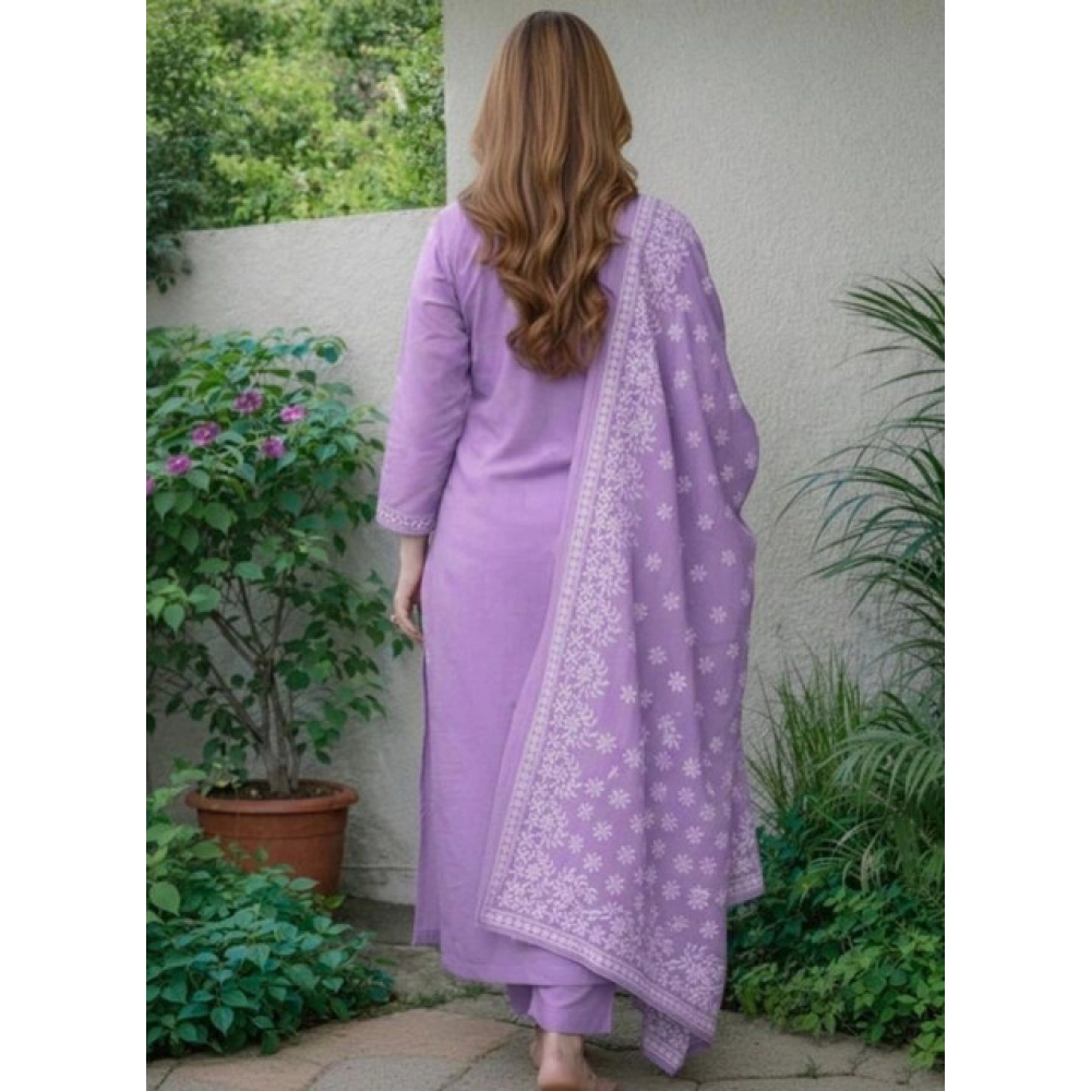 Women's Chanderi Silk Ethnic Motif Round 3/4th Sleeve Kurti With Pant Dupatta Set (Lavender) - Image 3