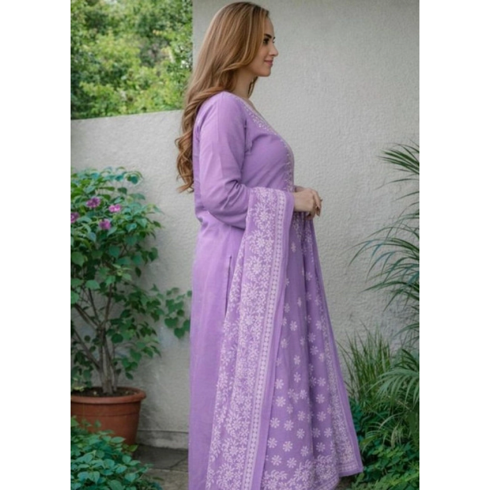 Women's Chanderi Silk Ethnic Motif Round 3/4th Sleeve Kurti With Pant Dupatta Set (Lavender) - Image 4